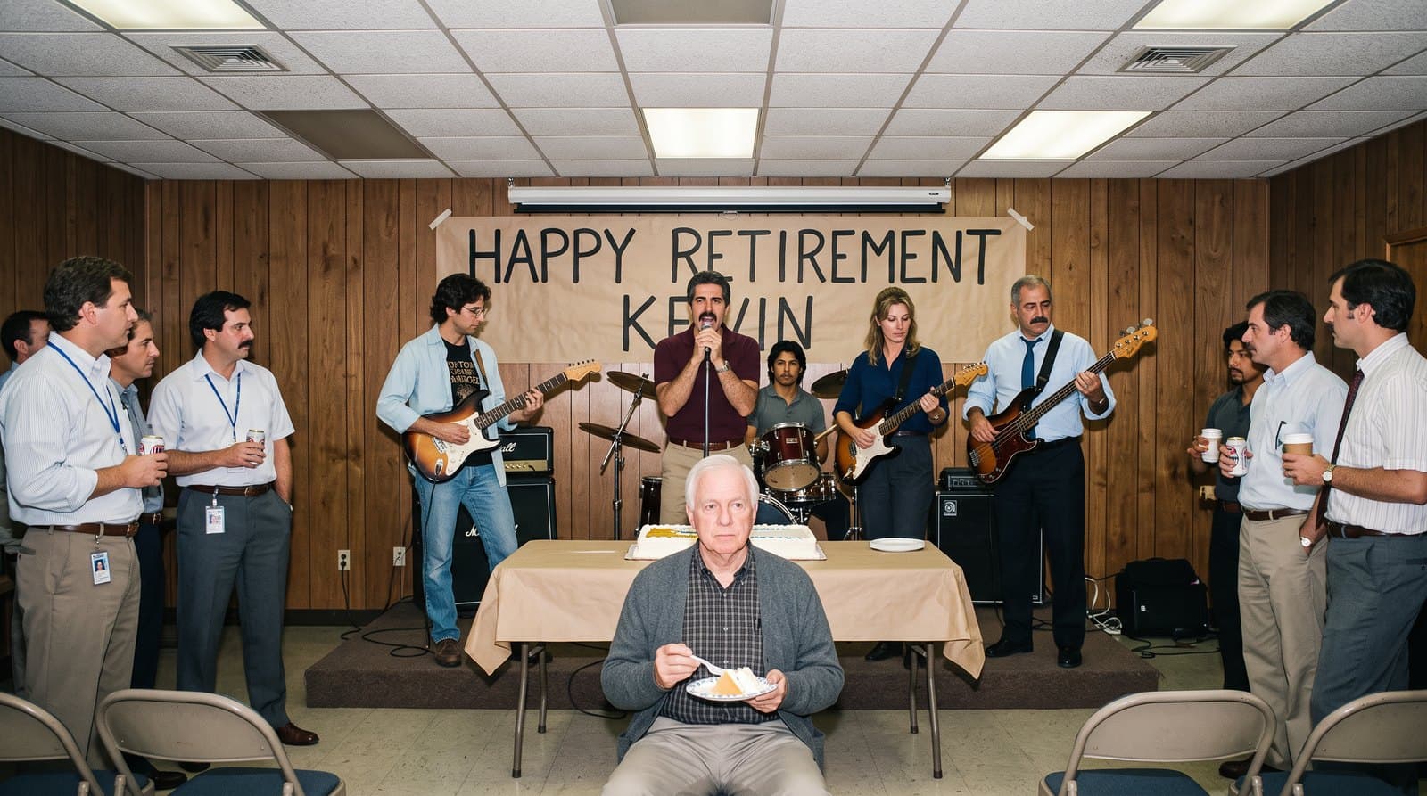 A union hall retirement party with a band on a small stage