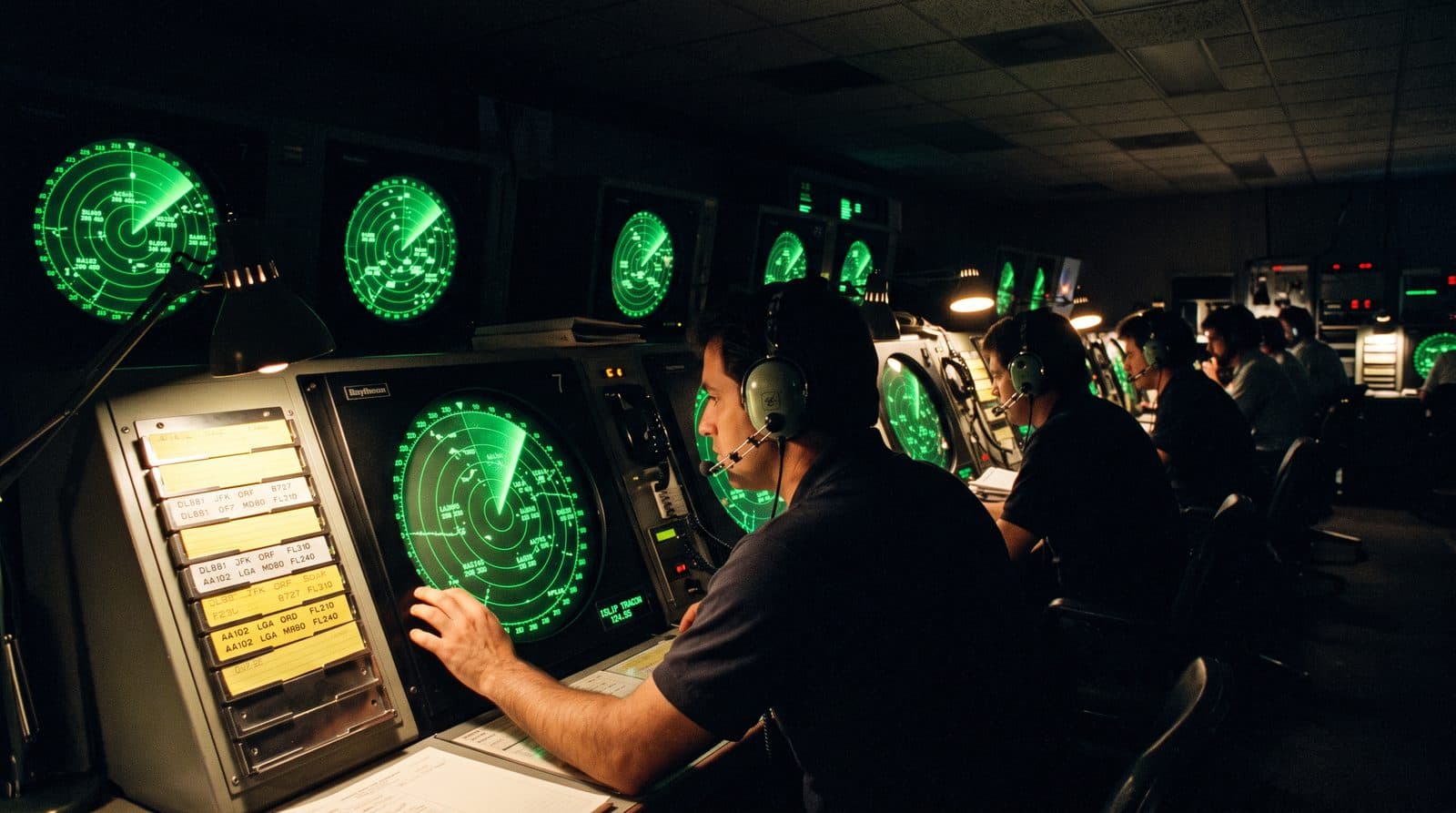 A dark radar room with green scopes, 1980s